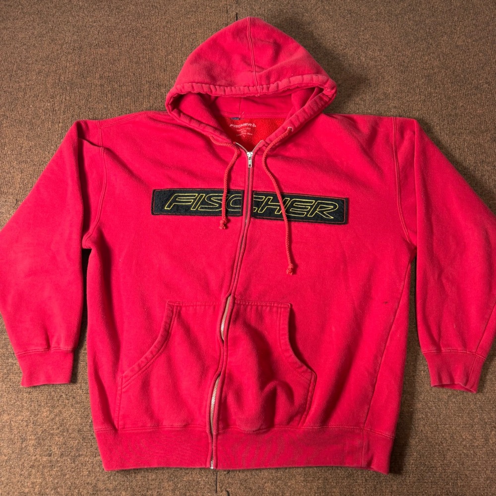 Vintage Fischer Ski Zip Up Hoodie Mens Large Red Made in USA Fleece Sweatshirt